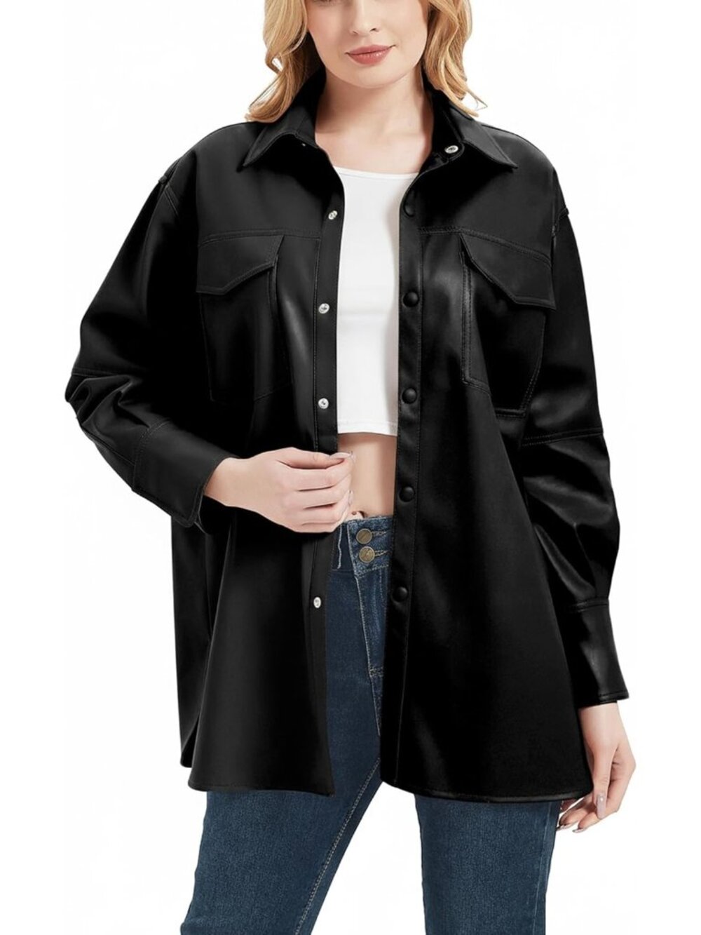 Women’s Black Faux Leather Shacket Relaxed Fit Button Up Shirt Jacket